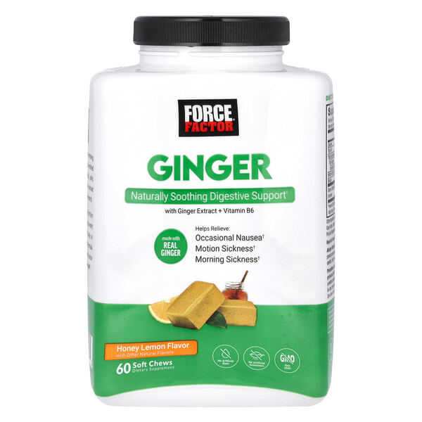 Ginger with Ginger Extract + Vitamin B6, Honey Lemon, 60 Soft Chews Force Factor