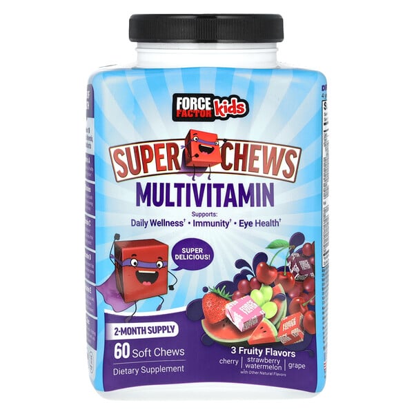 Kids, Super Chews Multivitamin, Cherry, Strawberry Watermelon, Grape, 60 Soft Chews Force Factor