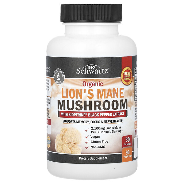 Organic Lion's Mane Mushroom with Bioperine Black Pepper Extract, 90 Veggie Caps BioSchwartz