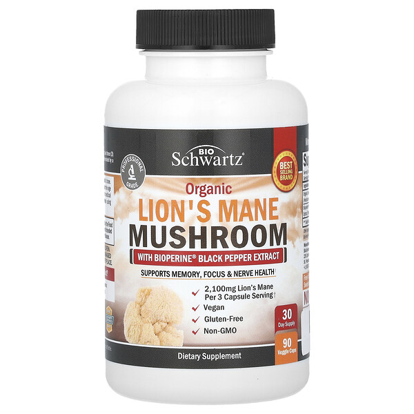 Organic Lion's Mane Mushroom with Bioperine Black Pepper Extract, 90 Veggie Caps (Вегетарианские капсулы) BioSchwartz