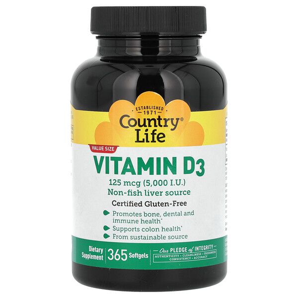 Vitamin D3, 125 mcg (5,000 lU), 365 Softgels Country Life