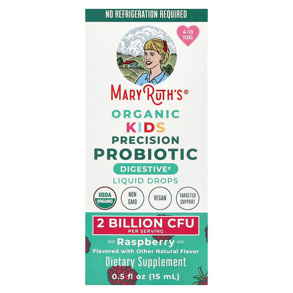 Organic Kids Precision Probiotic, Liquid Drops, 4-13 Years, Raspberry, 2 Billion CFU , 0.5 fl oz (15 ml) MaryRuth's