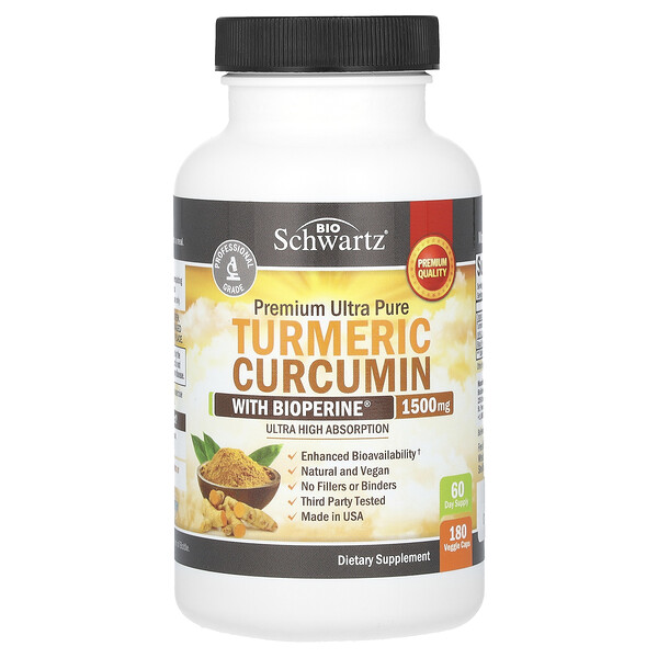 Premium Ultra Pure, Turmeric Curcumin With Bioperine, 1,500 mg, 180 Veggie Caps (500 mg Per Capsule) BioSchwartz