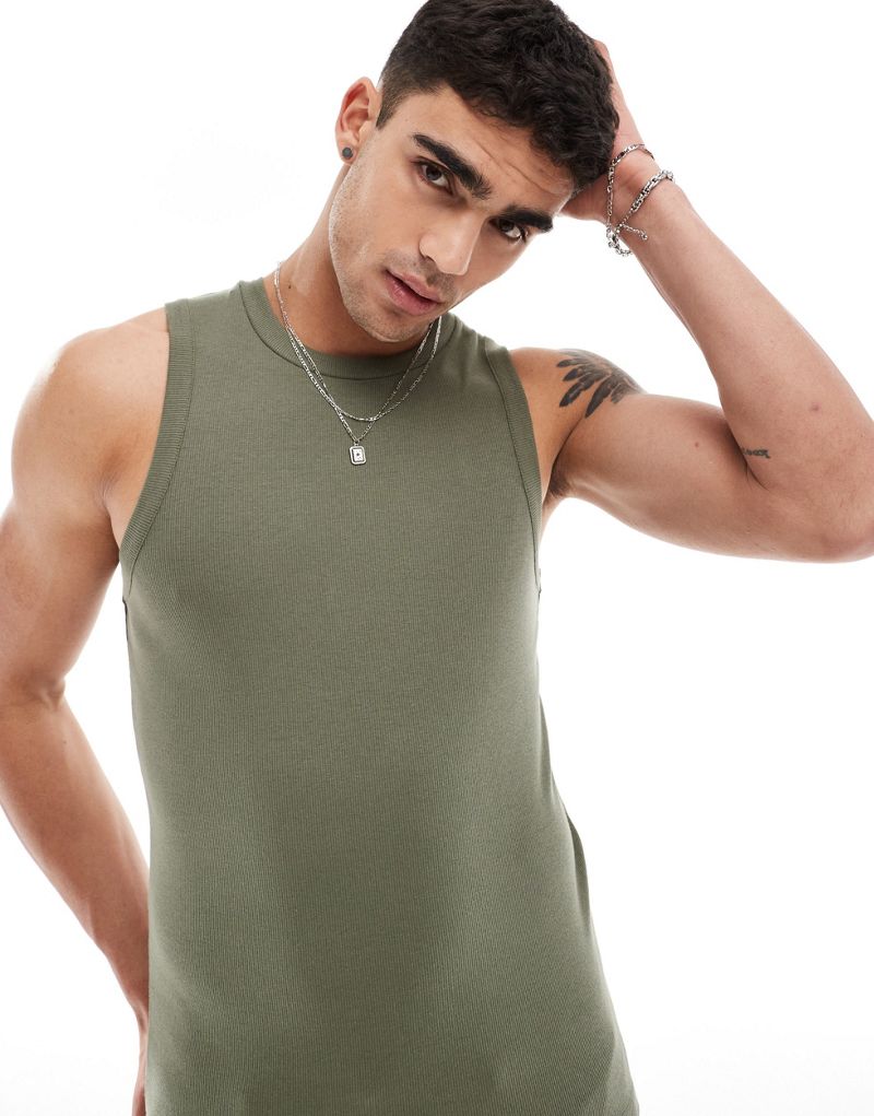 ASOS DESIGN muscle rib tank top with crew neck in khaki ASOS DESIGN