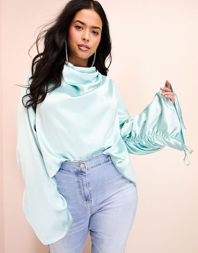 ASOS LUXE Curve exaggerated sleeves satin drape top in blue ASOS Luxe