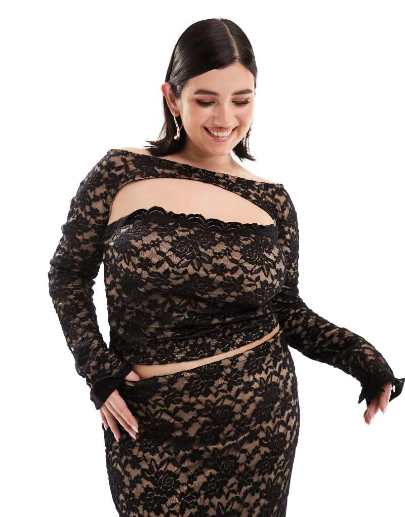 Женская Укороченная футболка ASOS Curve с кружевом и шрагом черного цвета - часть набора ASOS Curve