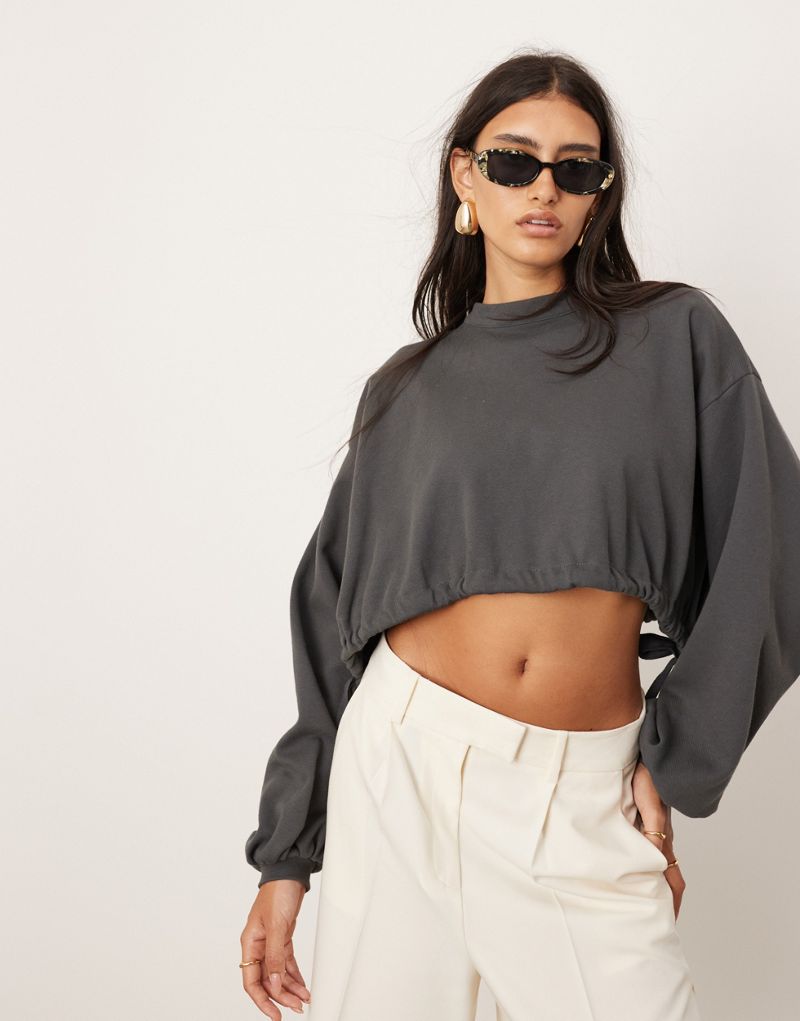 ASOS EDITION premium jersey ruched detail long sleeve top in charcoal gray ASOS EDITION