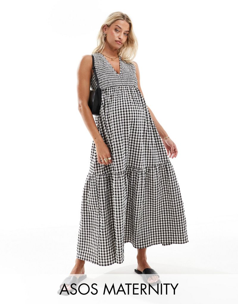 ASOS DESIGN Maternity v-neck crinkle midi sundress with tiered skirt in mono gingham ASOS Maternity