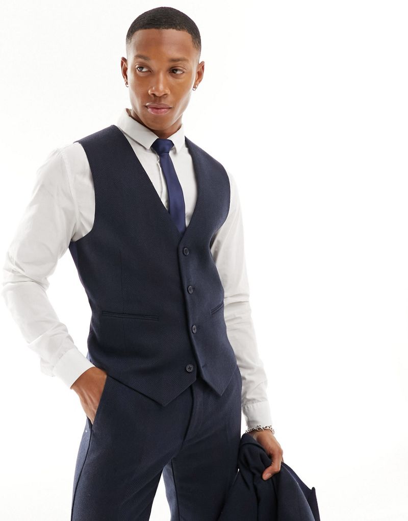 ASOS DESIGN skinny fit wool mix suit vest in navy wide herringbone ASOS DESIGN