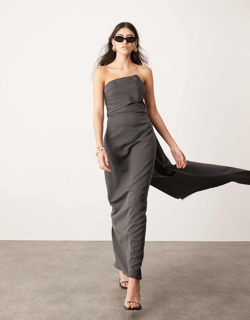 ASOS EDITION tailored asymmetric neck bandeau maxi dress with train in charcoal gray ASOS EDITION