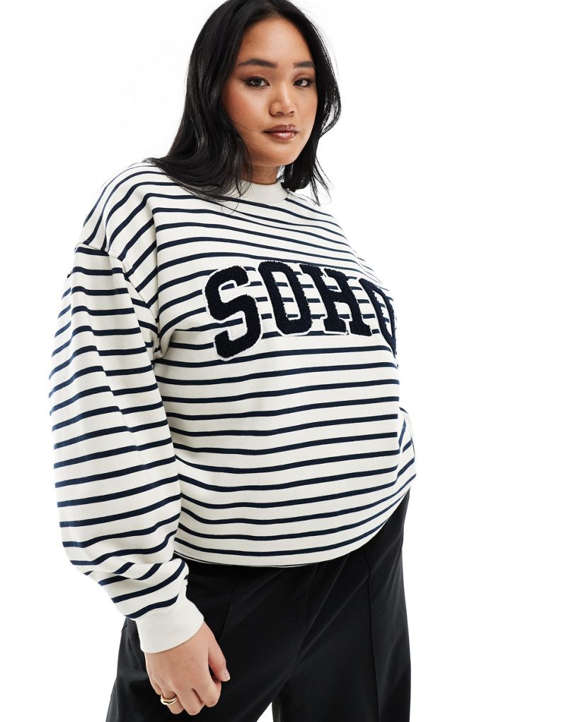 4th & Reckless Plus exclusive boucle Soho logo sweatshirt in cream and navy stripe 4th & Reckless Plus