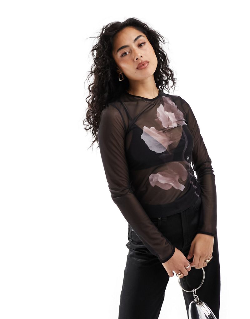 & Other Stories mesh long sleeve top in black with floral front print & OTHER STORIES