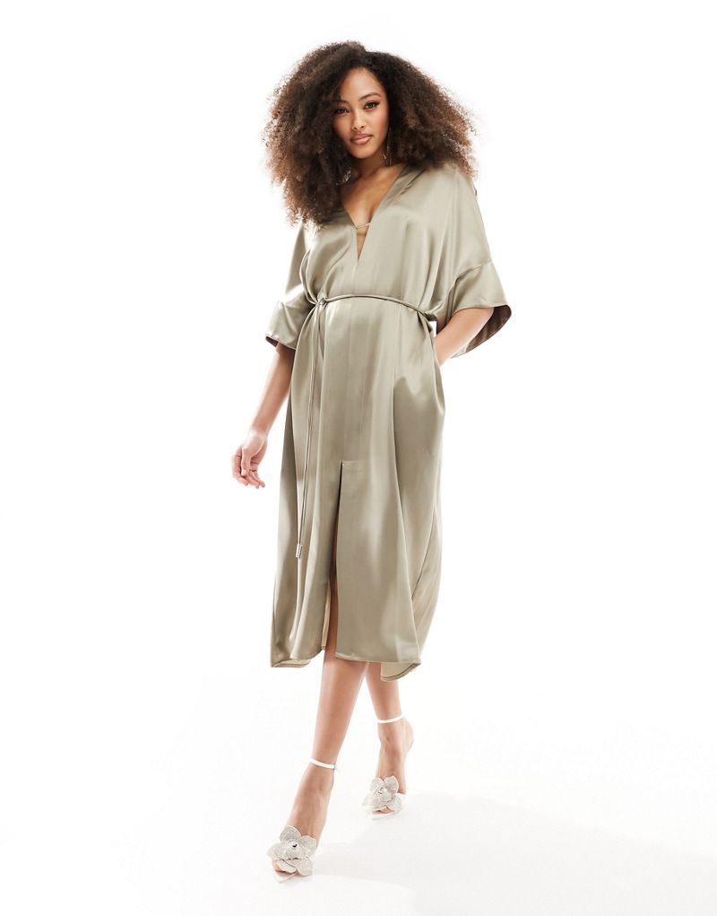 & Other Stories relaxed belted satin midi dress with front split in light mole & OTHER STORIES