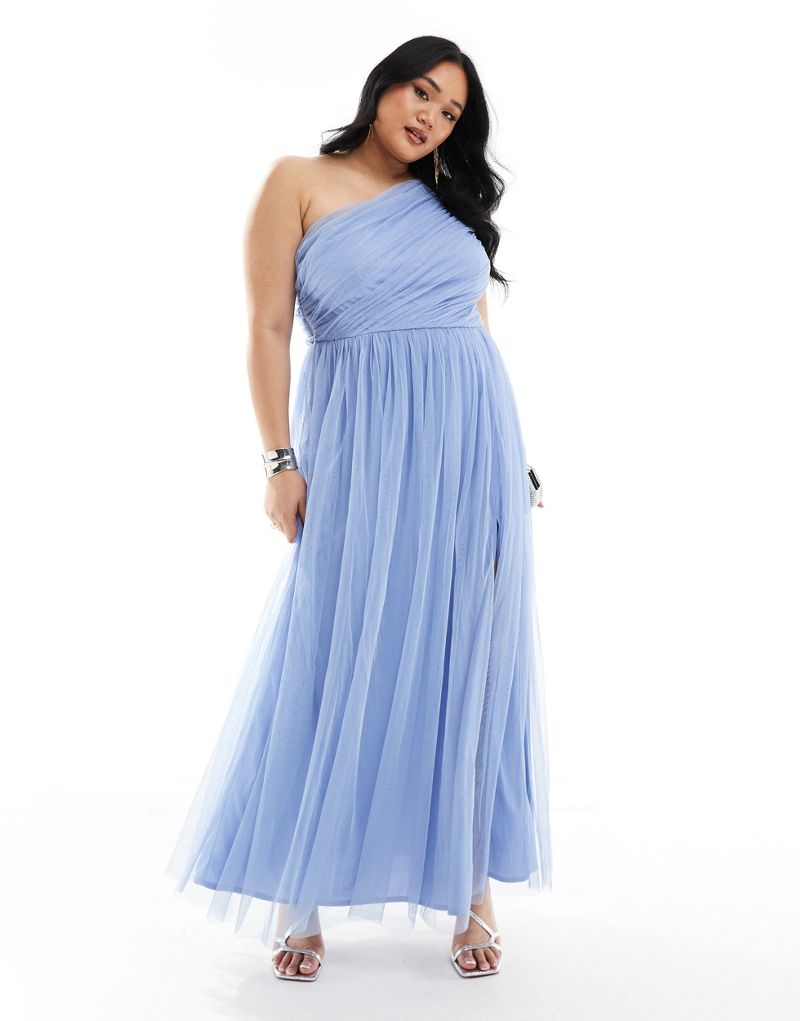 Anaya Plus bridesmaid tulle one shoulder maxi dress in soft blue Anaya