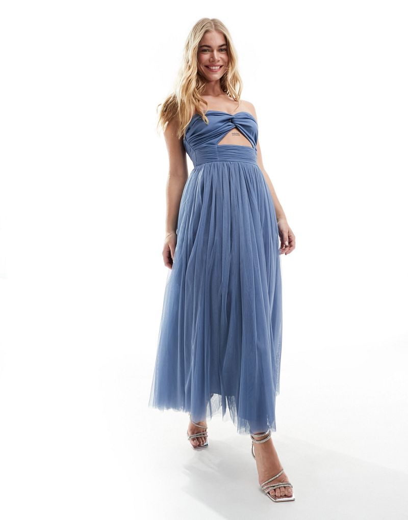 Anaya bandeau tulle midi dress with cut out detail in blue Anaya