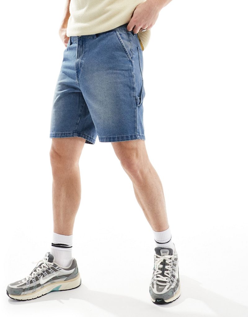 ADPT loose fit denim cargo shorts in mid wash ADPT