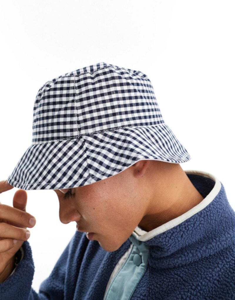 French Connection Bucket Hat in navy and white gingham check French Connection