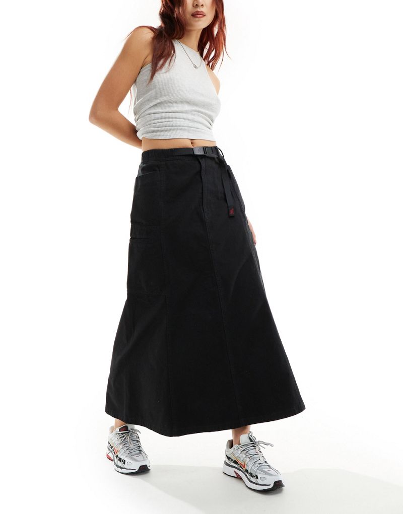 Gramicci cotton a line paneled cargo maxi skirt in black Gramicci