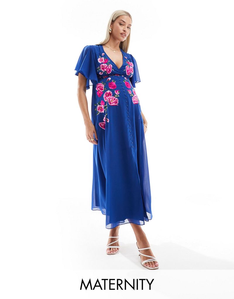 Hope & Ivy Maternity embroidered midi dress with floaty sleeves in blue Hope & Ivy