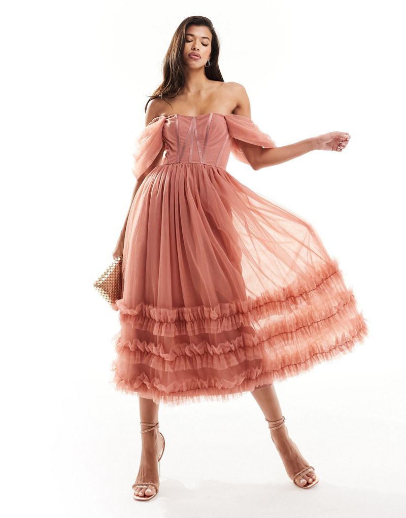 Lace & Beads off-shoulder ruffle tulle midaxi dress in dusky pink LACE & BEADS