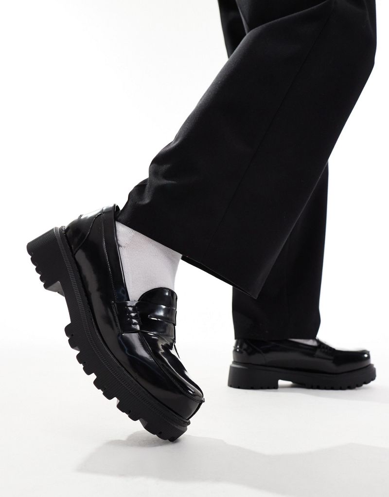 London Rebel X wide fit cleated sole chunky penny loafers in black London Rebel