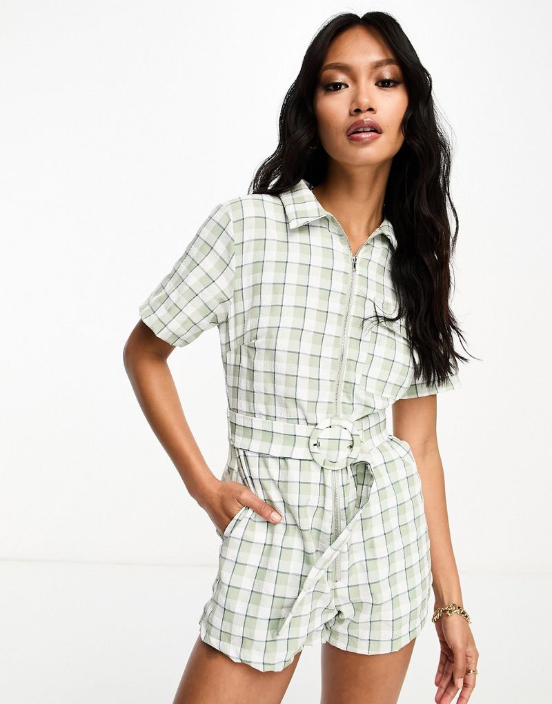 Lola May collared romper with belt in sage check  Lola May