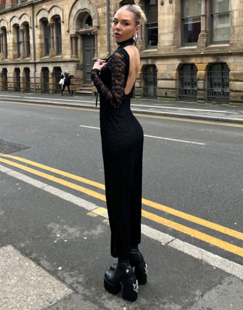 Labelrail x Daisy Birchall longline lace column dress with bow in black Labelrail