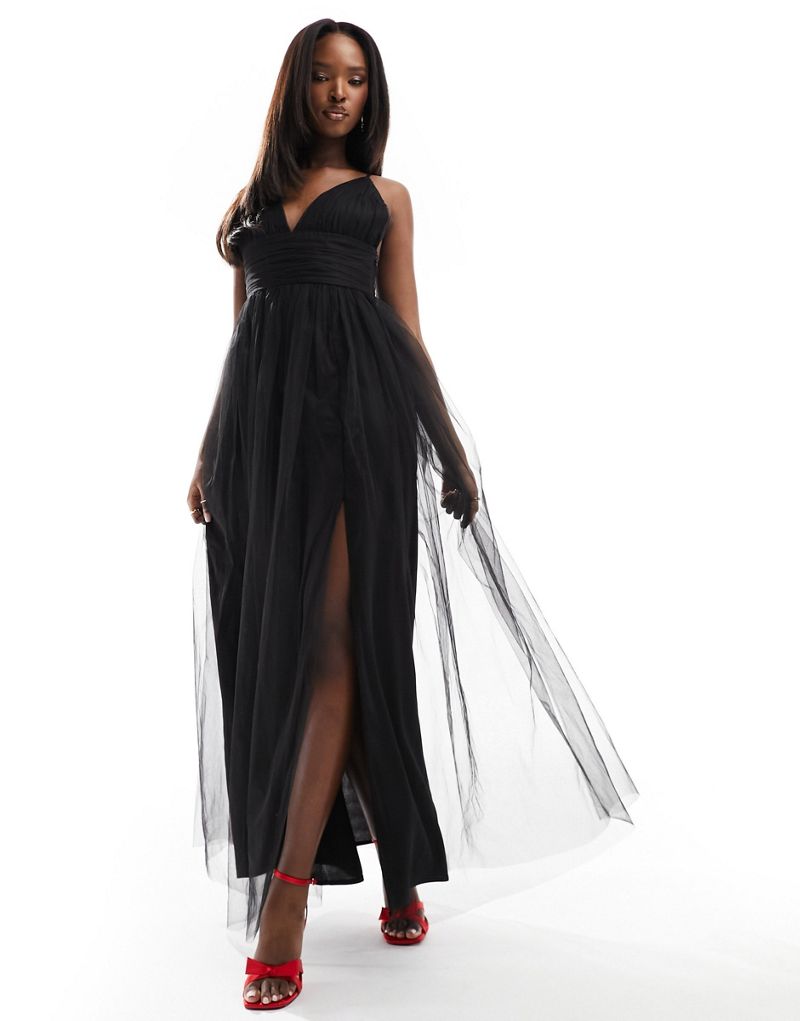 Lace & Beads cross back tulle maxi dress in black LACE & BEADS