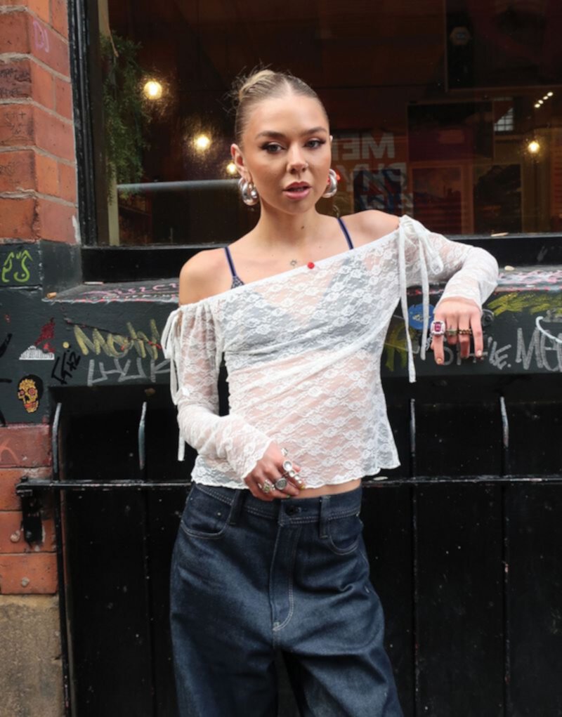 Labelrail x Daisy Birchall rosebud detail lace long sleeve top in white Labelrail