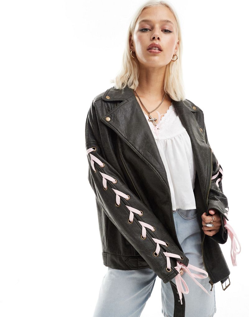Labelrail x Daisy Birchall ribbon sleeve distressed faux leather jacket in washed black Labelrail