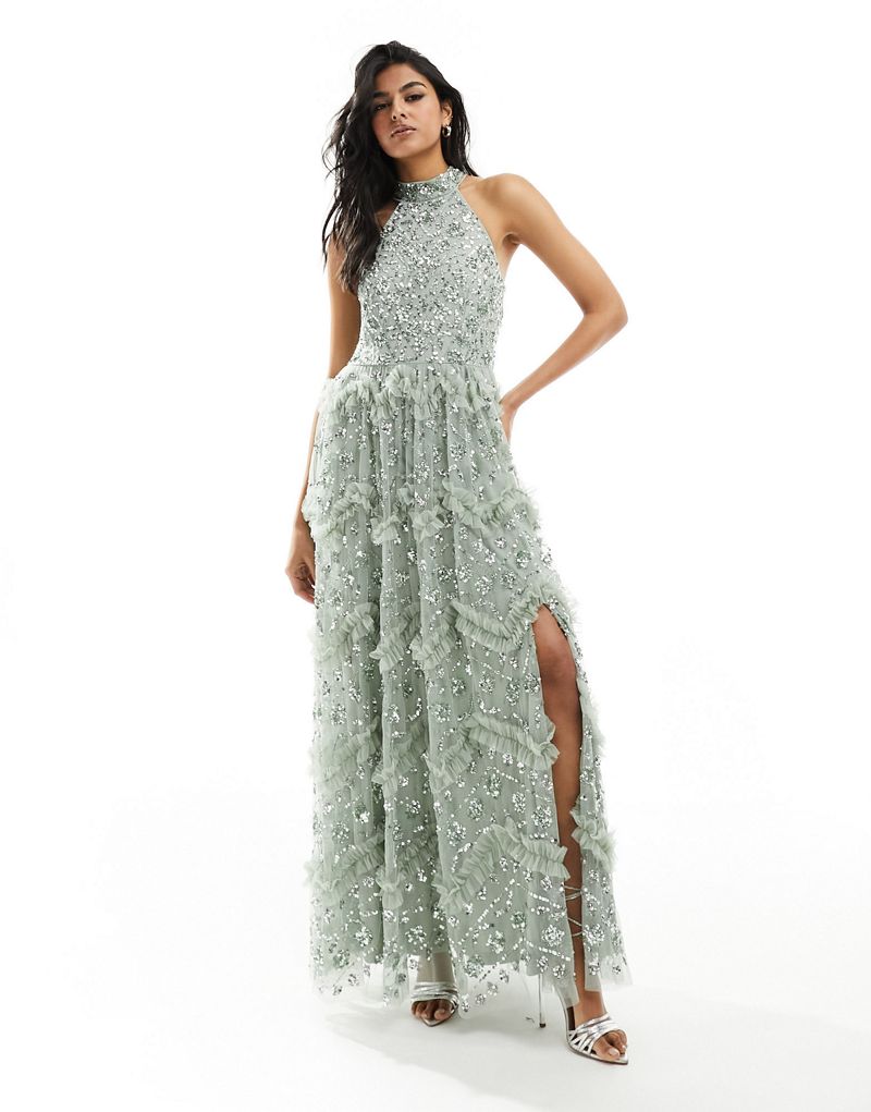 Maya Premium halterneck embellished maxi dress in sage Maya