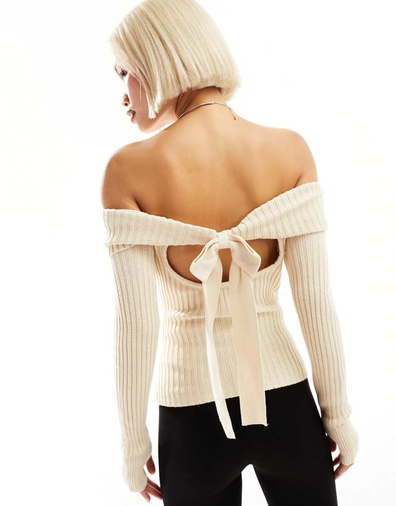 Motel bow-back off shoulder sweater in cream Motel