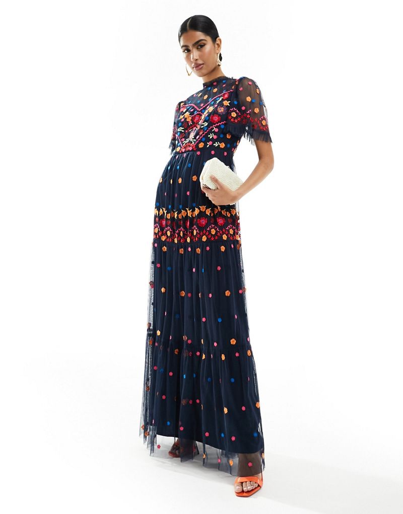 Maya embroidered maxi dress with bold floral in navy Maya