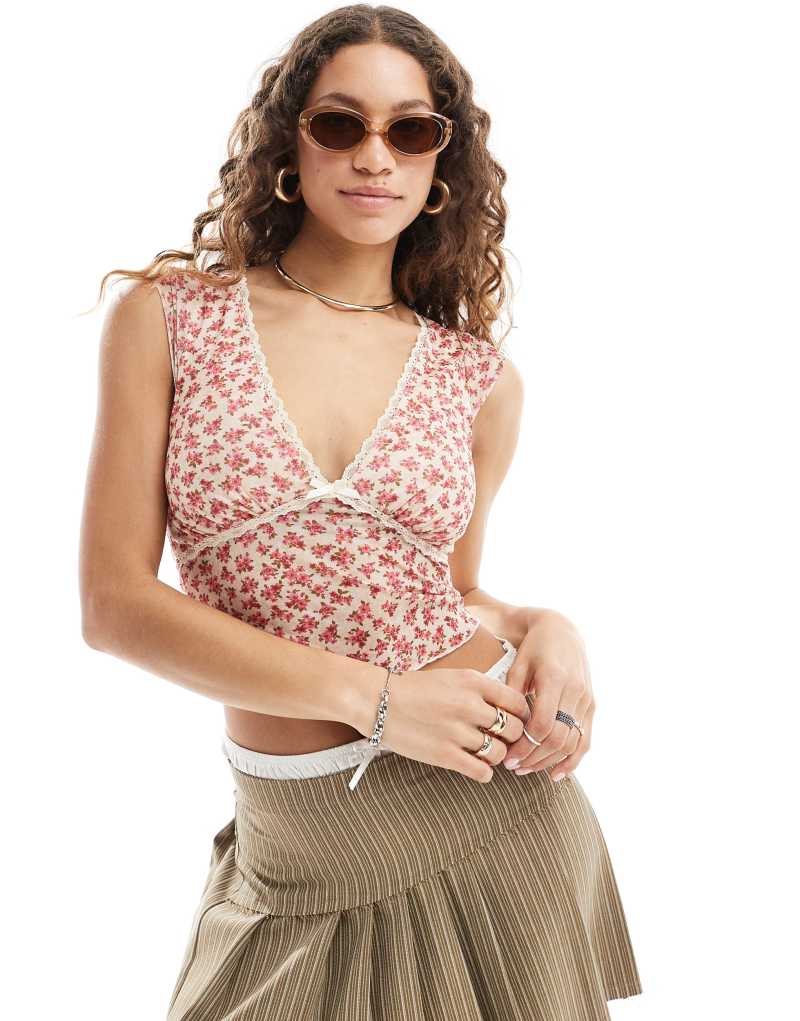 Motel gardenia print bow detail mesh top in multi pink Motel