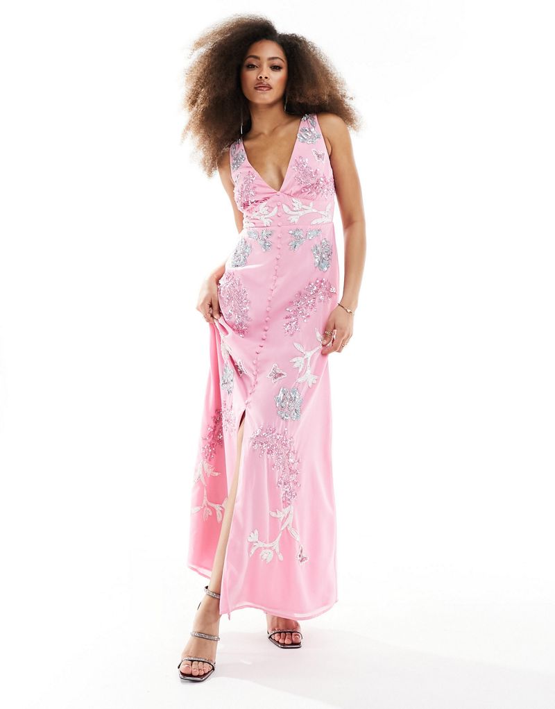 Maya v neck embellished maxi dress in pink Maya