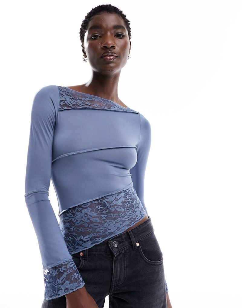 Motel lace panel long sleeve top in steel blue Motel