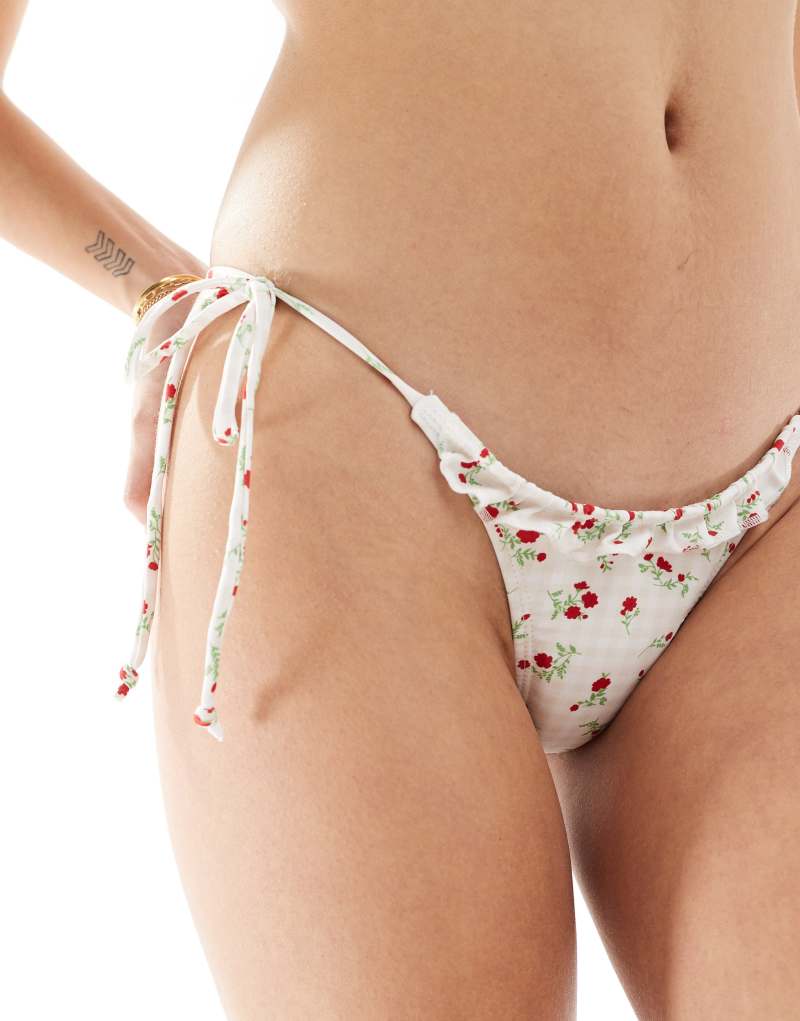 Motel lentra floral gingham tie side bikini bottom in pink Motel