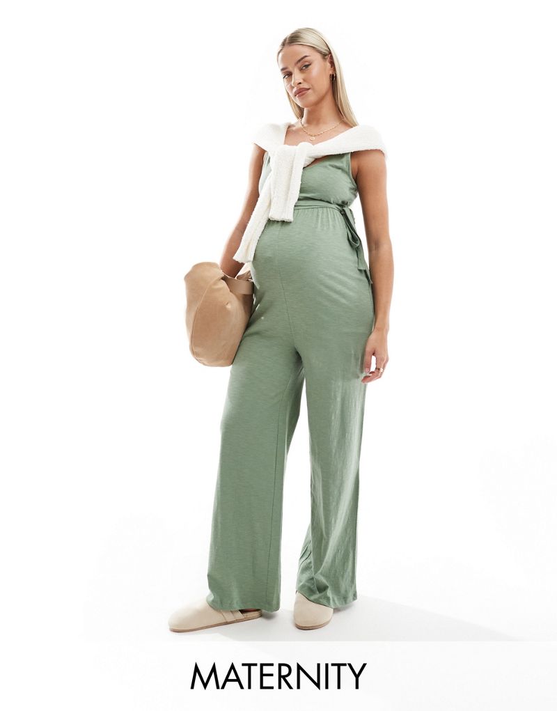 Mamalicious Maternity belted jersey jumpsuit with wide leg in sage green MAMALICIOUS