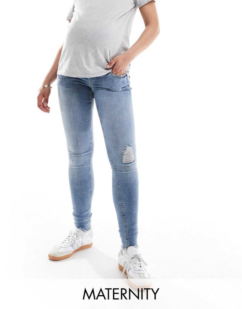 ONLY Maternity Blush skinny jeans with frayed hem in mid blue  Only Maternity