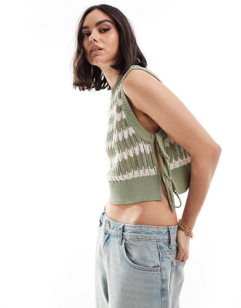 Object fine knit open tie side tank top in tea green stripe Object