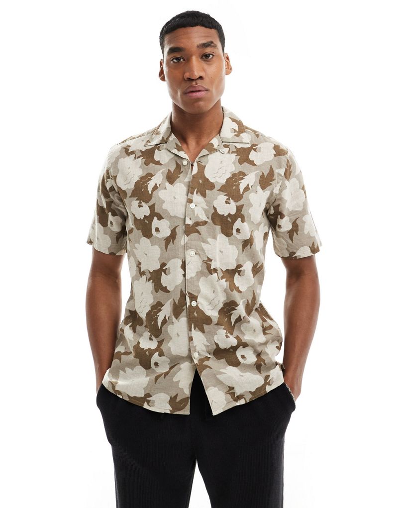 Only & Sons linen mix revere collar floral shirt in beige Only & Sons