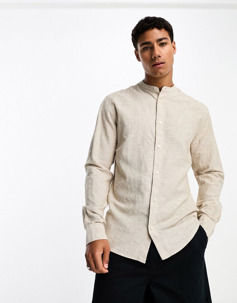 Only & Sons linen mix grandad collar shirt in beige Only & Sons