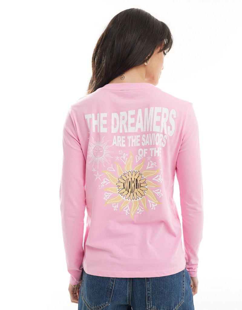 Pieces long sleeved sunflower slogan T-shirt in pink Pieces