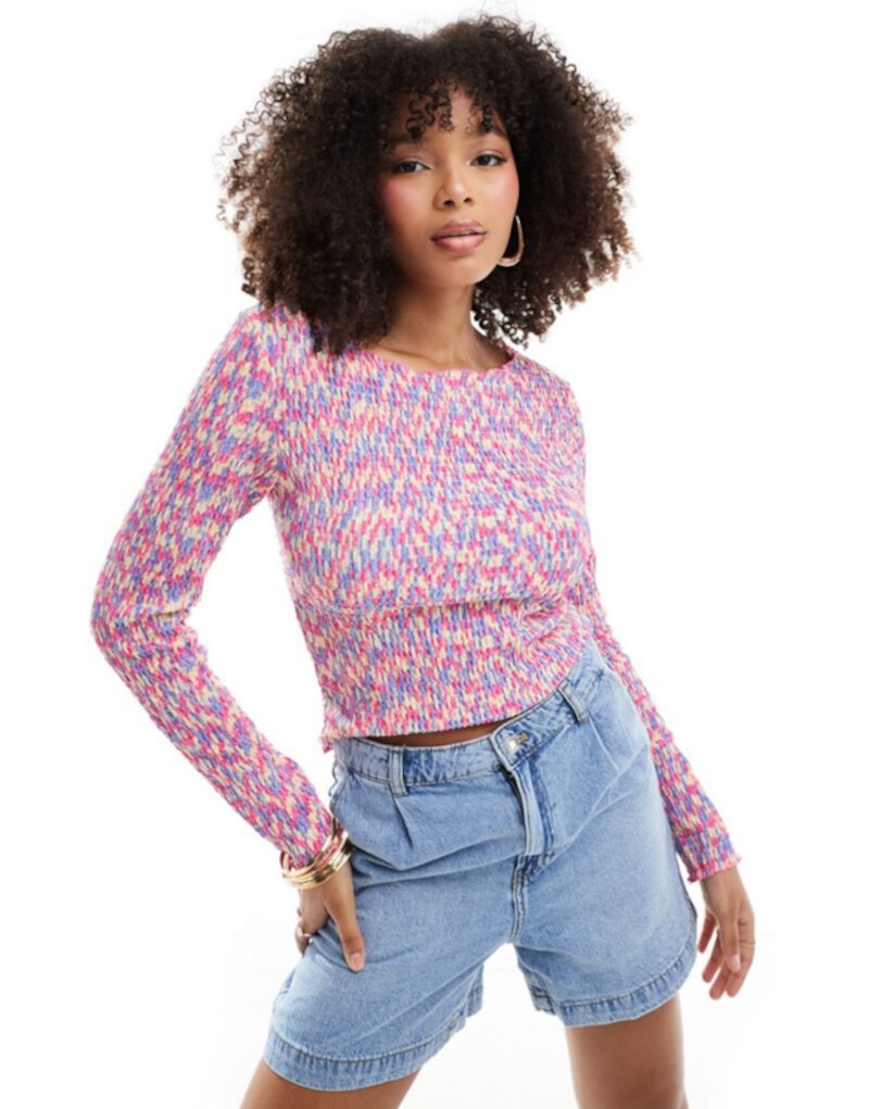 Pieces textured long sleeved top with pink lettuce edge stitching in multi print Pieces