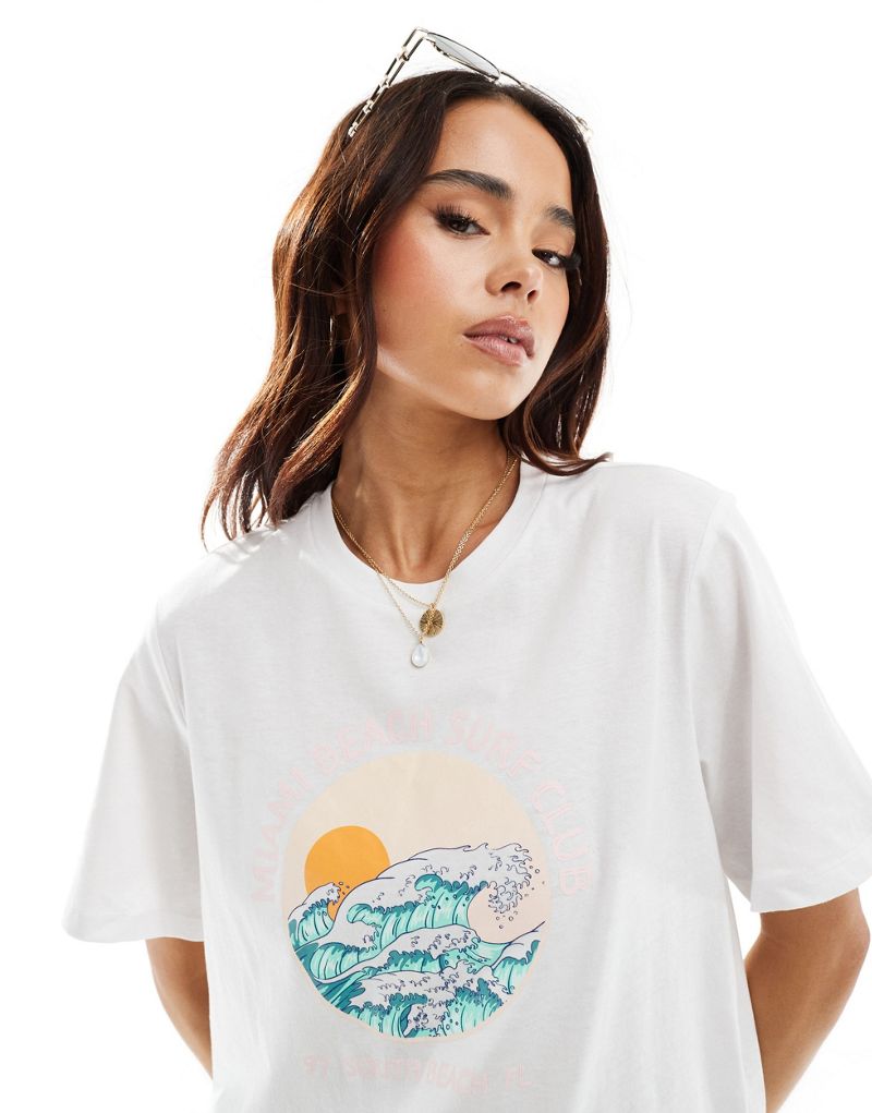 Pieces 'Miami Beach Surf Club' front print t-shirt in white Pieces