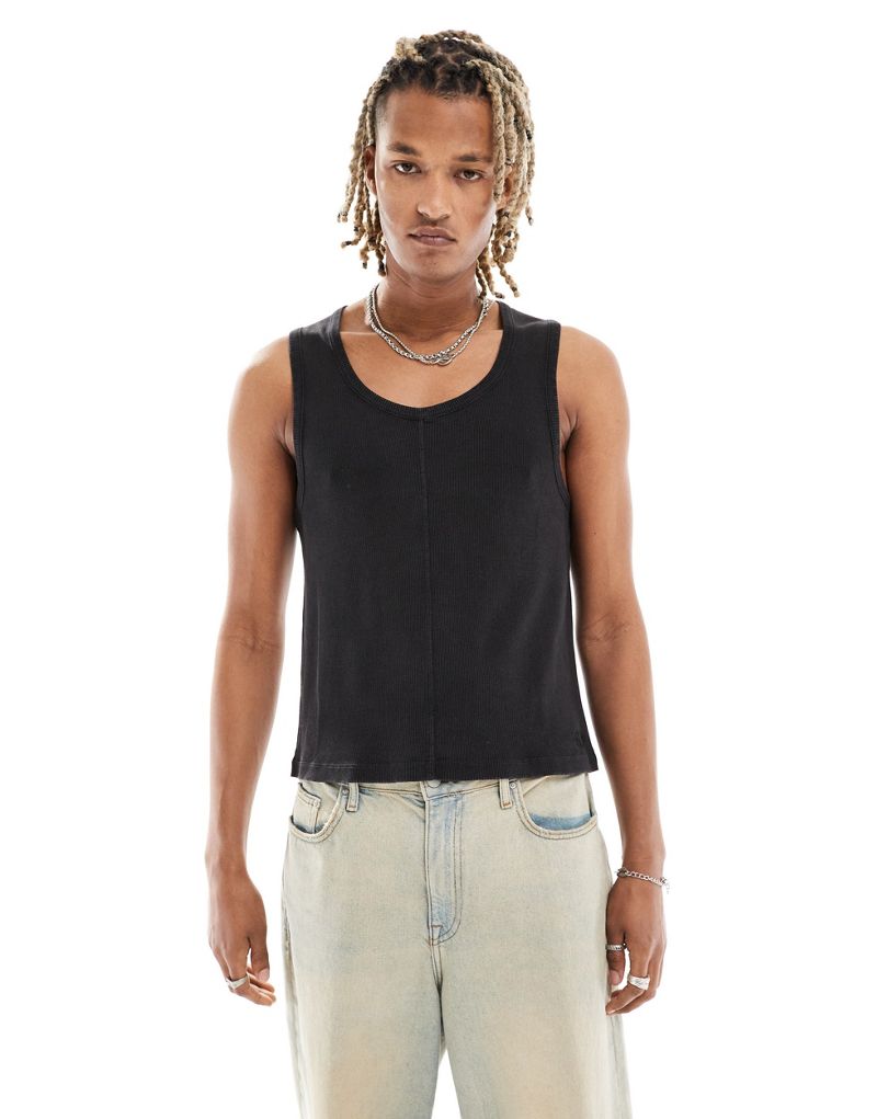 Reclaimed Vintage ribbed tank top with seaming detail in washed black  Reclaimed Vintage