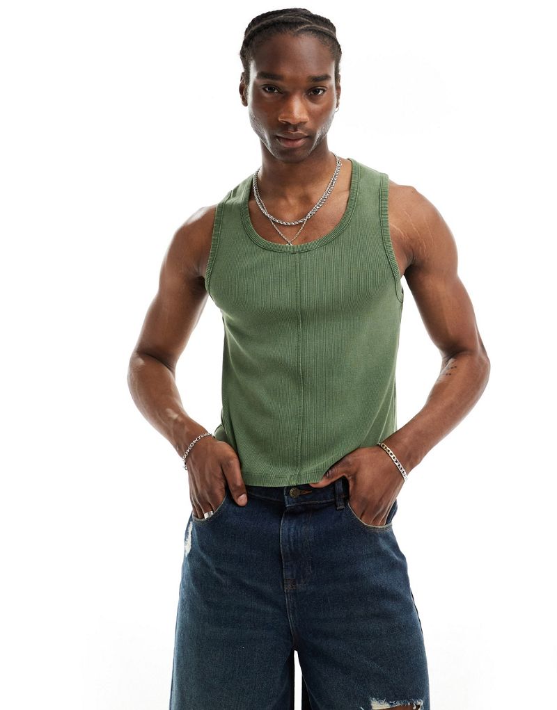 Reclaimed Vintage ribbed tank top with seaming detail in washed khaki Reclaimed Vintage