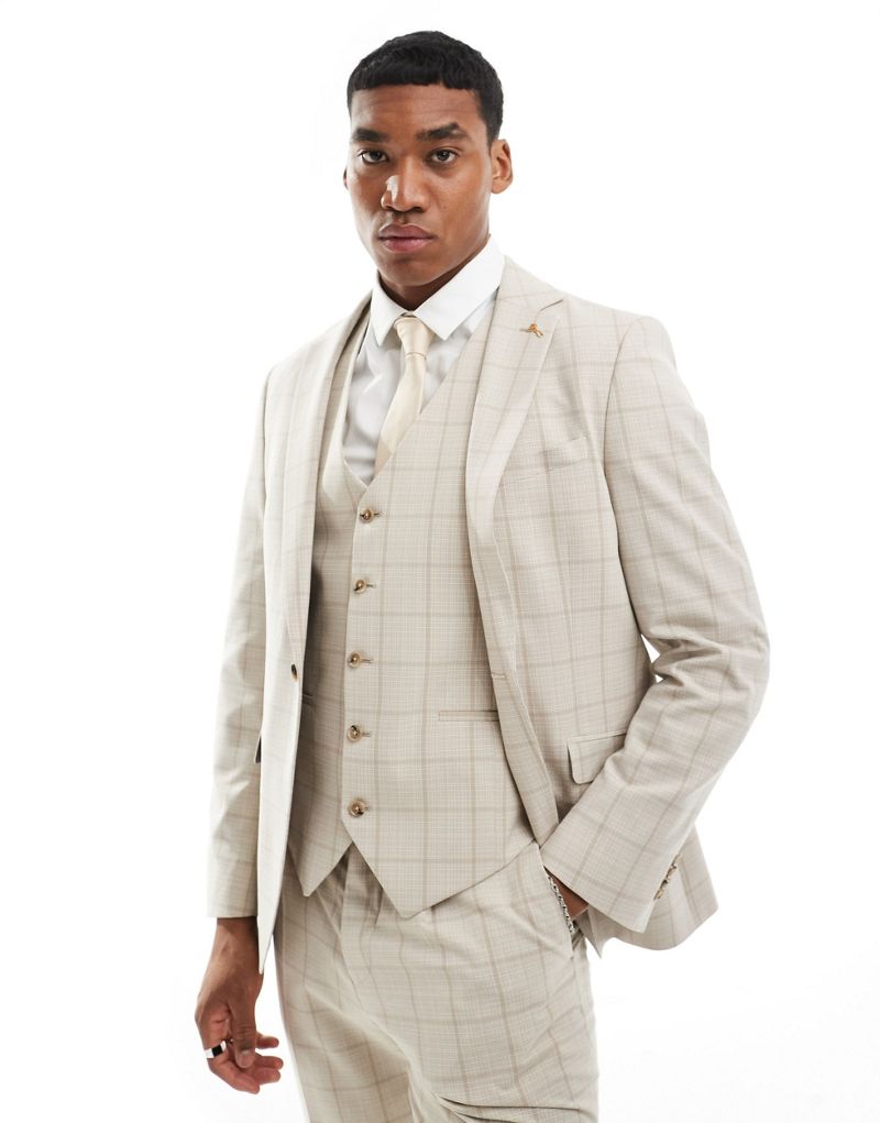 Shelby and Sons wainwright suit jacket in stone with windowpane check Shelby & Sons