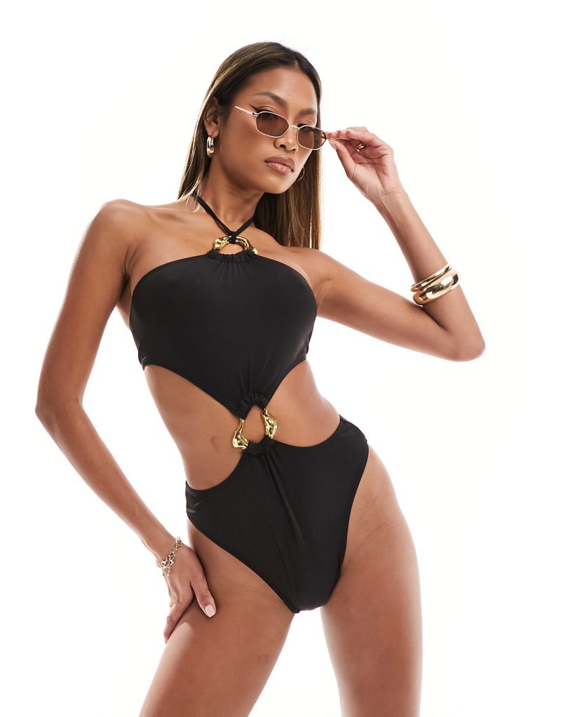 Simmi strappy halterneck cut out swimsuit with gold hardware detail in black Simmi Clothing