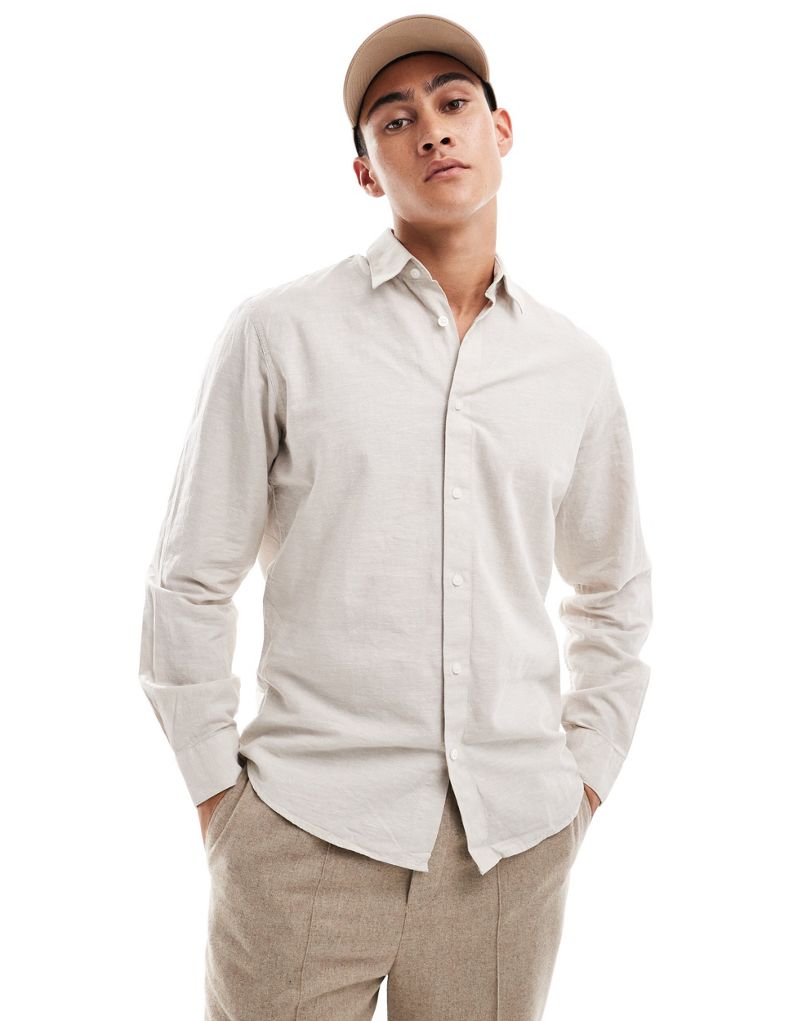 Selected Homme long sleeve linen mix shirt in beige Selected